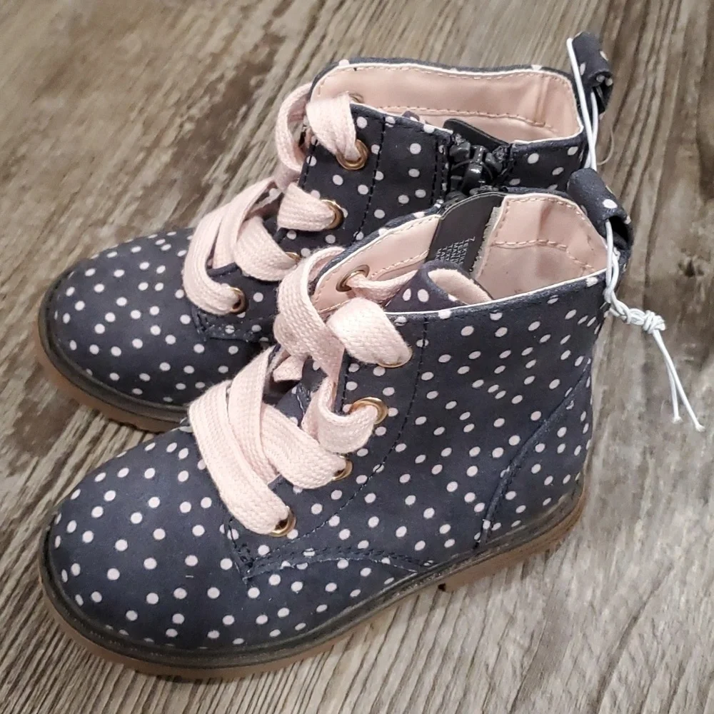Cat & Jack Giovanna Lace Up Combat Boots-Blue Gray Pink Dots Size 7